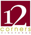 12 Corners Vineyards logo. A wine red box has the number 12 in a white serif font. Below, on a white background Corners is written in a gold sans-serif font in all lowercase letters. Below that Vineyards is written in wine red all-caps sans-serif letters.