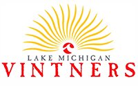Lake Michigan Vintners logo. A Golden radiating sun with a red center that includes a white wave representing Lake Michigan. Below the sun are the words Lake Michigan in a serif font in black and Vintners in a serif font in red.
