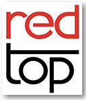Red Top Winery logo. The font is all-lowercase. Red is written in red. Top is written in black. The two words are stacked on top of each other and the t has an extended cross bar separating the two words.