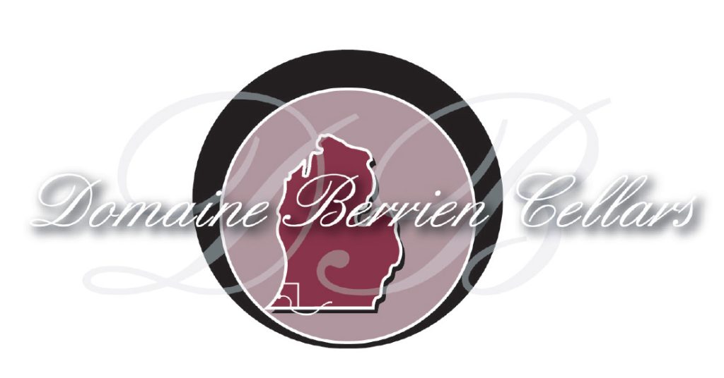 Domaine Berrien Cellars logo. A black and light burgundy circle has a dark burgundy map of the lower peninsula of Michigan in the middle. A white script font says Domaine Berrien Cellars over the circle. There is a watermark script D B as well.