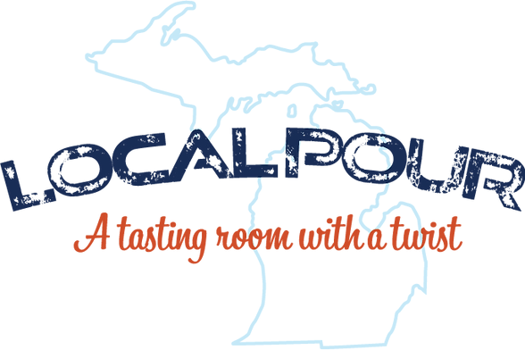 Local Pour Logo. A light blue outline of Michigan is overlaid with a stamp-print font in dark blue reading Local Pour. Below is a modern script font in red that says "A tasting room with a twist".